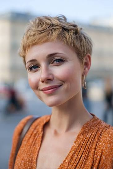 Classic Pixie with Baby Bangs in Golden Blonde