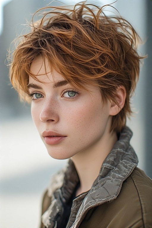 Messy Textured Pixie in Warm Chestnut Brown