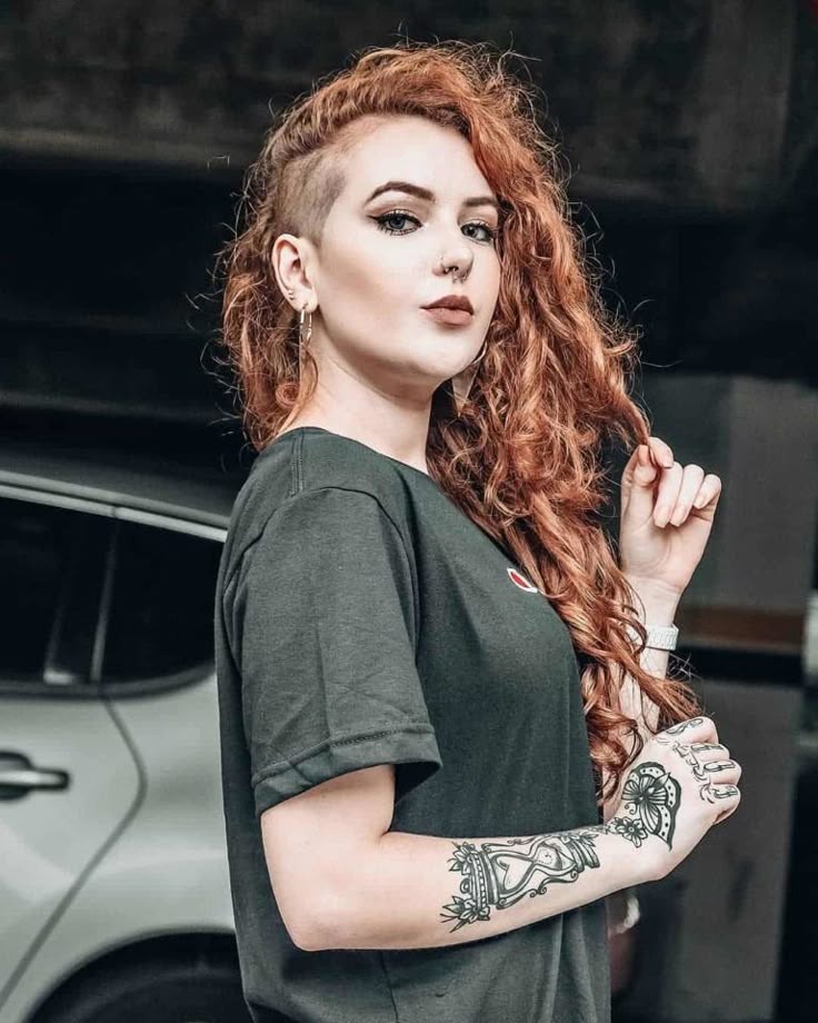 Curly Wavy Red Hair With Side-Cut