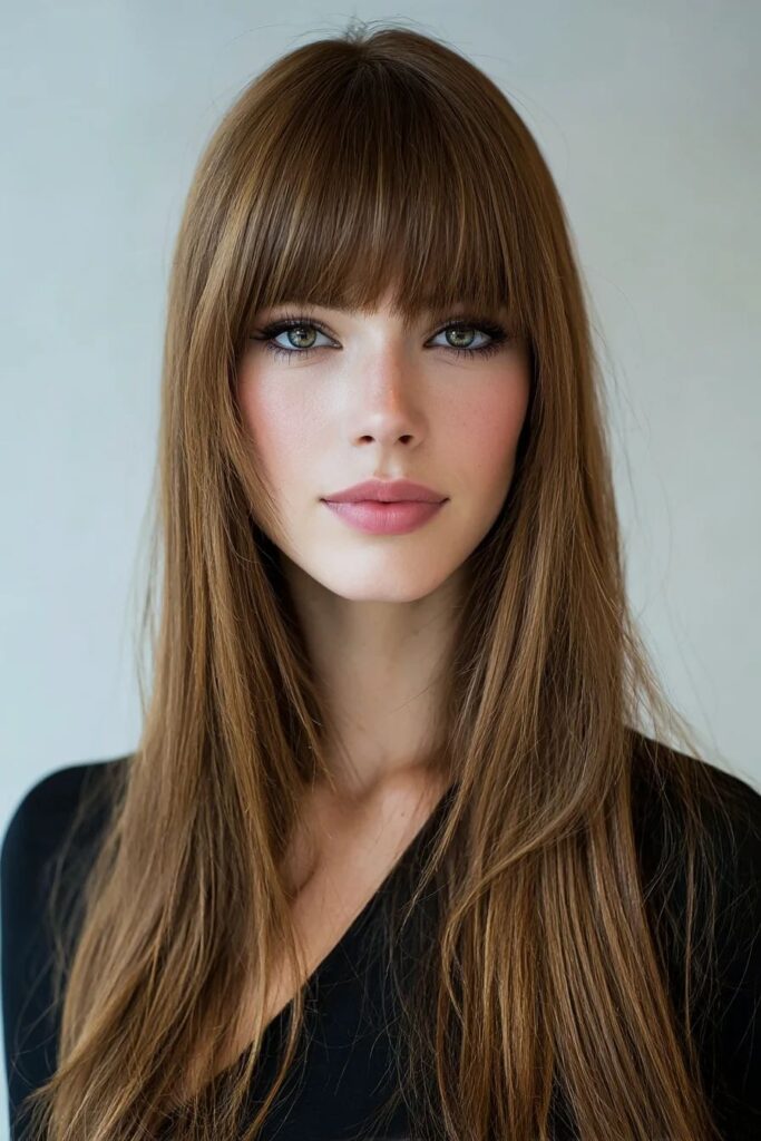  Sleek Long Hair with Full Bangs