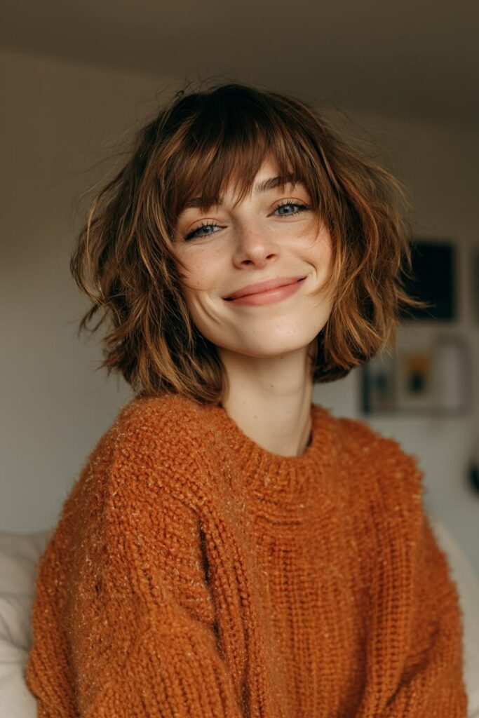 Textured Wavy Bob with Choppy Bangs
