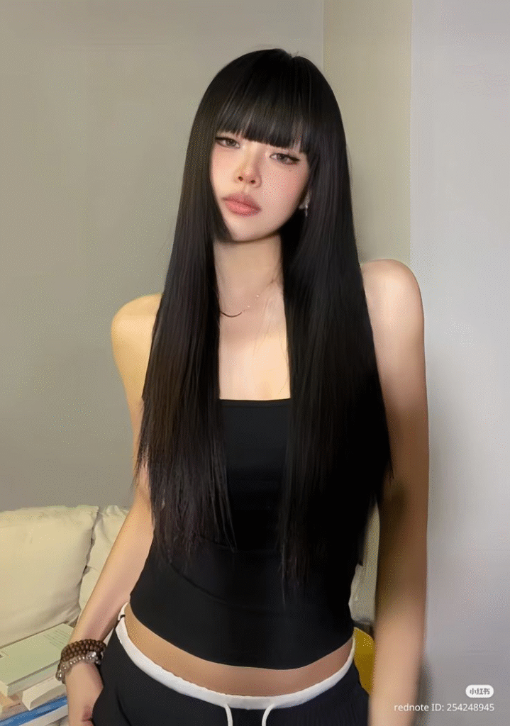 Straight Long Hair with Blunt Bangs in Jet Black