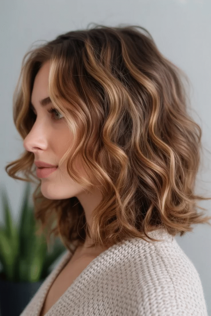 Wavy Lob with Side Bangs in Golden Caramel