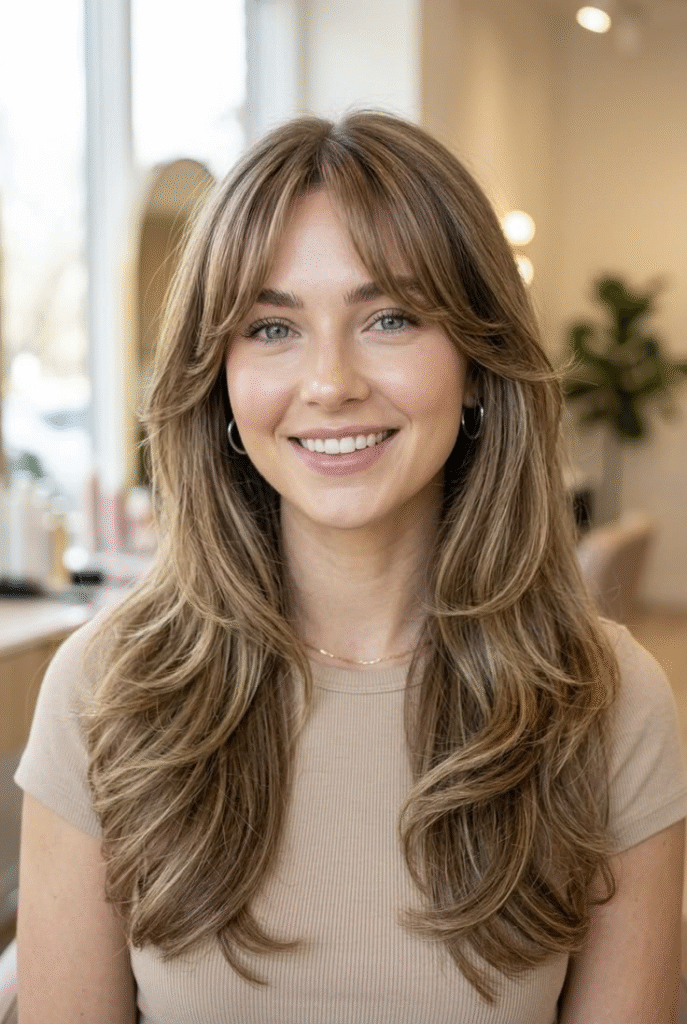  Long Layers with Curtain Bangs in Honey Highlights