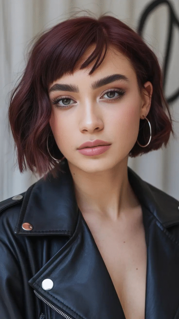 French Bob with Baby Bangs in Black Cherry
