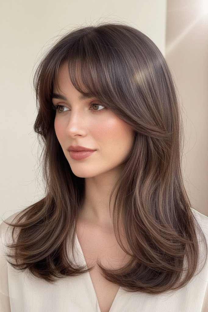 Layered Mid-Length Cut with Airy Bangs in Soft Mocha
