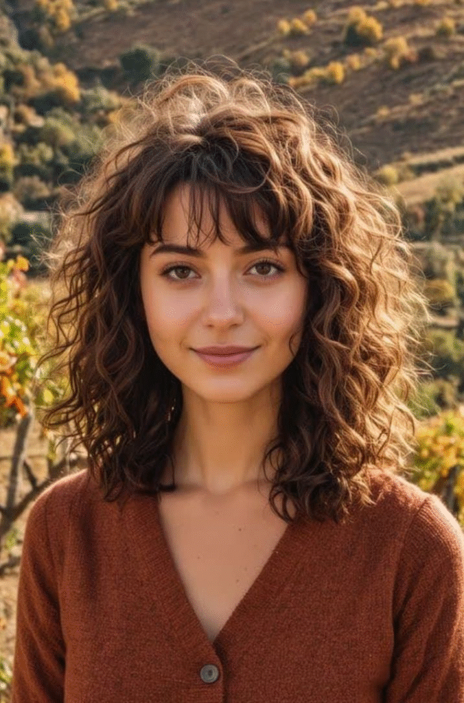 Curly Shoulder-Length Cut with Rounded Bangs in Cinnamon Brown