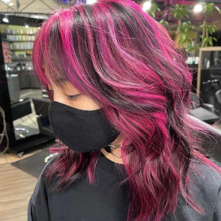 Black-Pink Wavy Wolf Cut with Bangs