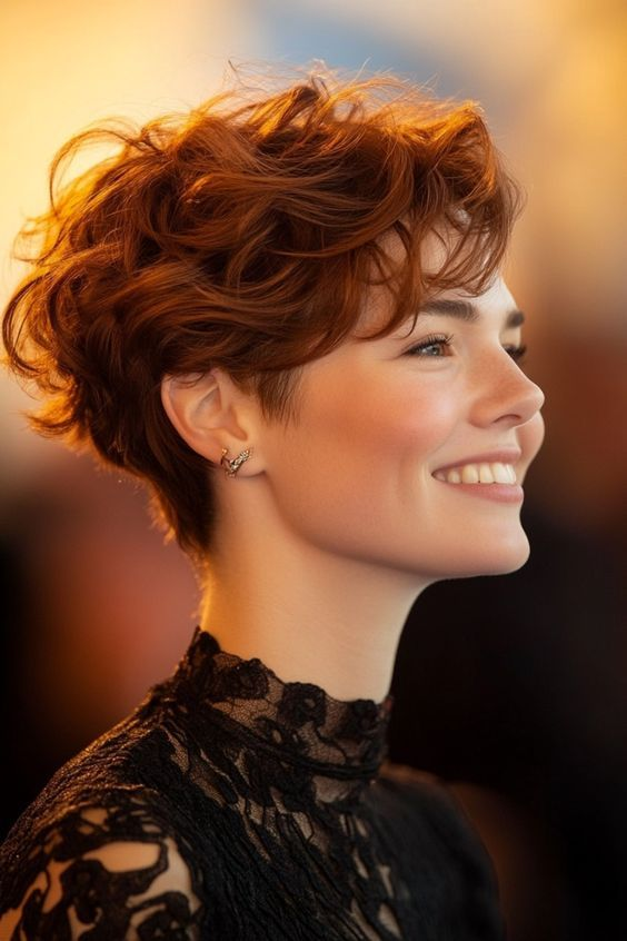 Curly Pixie with Auburn Highlights