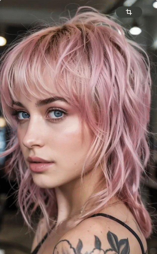 Textured Shag with Curtain Bangs in Rose Gold