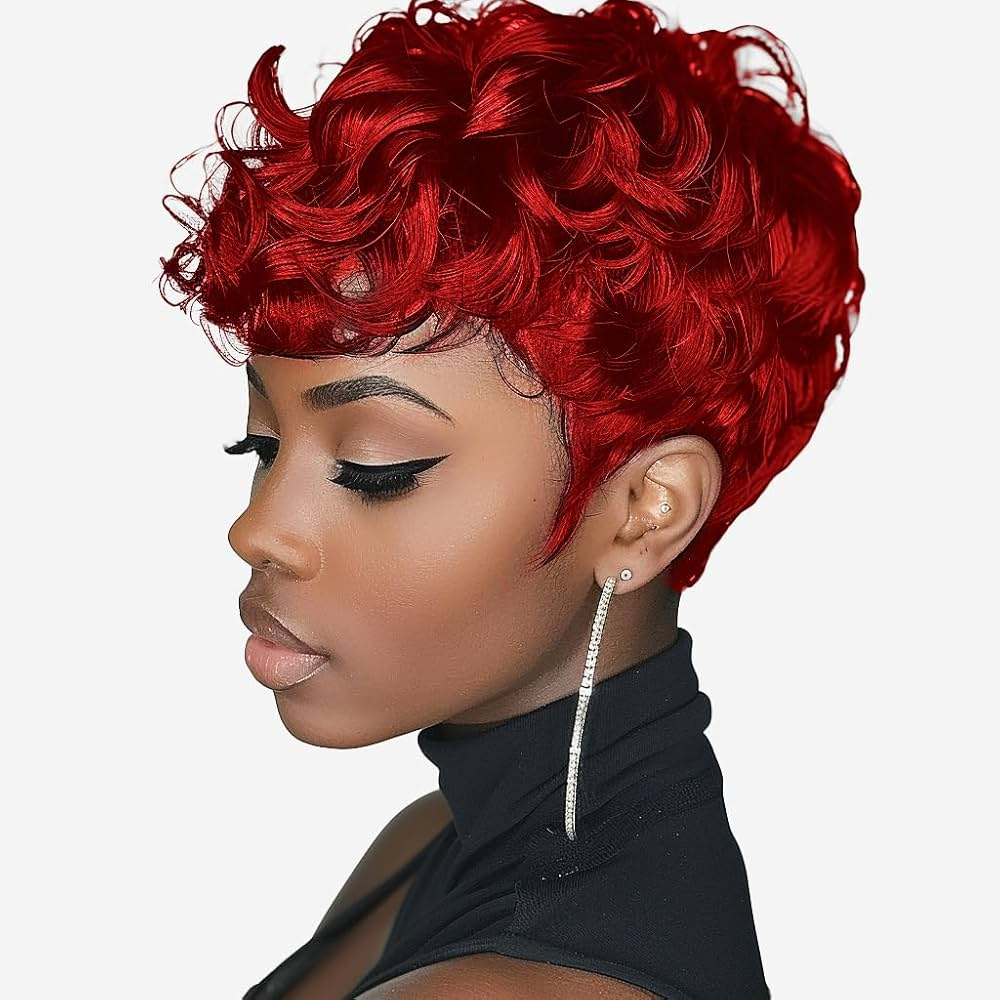 Red Curly Pixie with Bangs