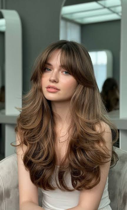Curtain Bangs with Soft Layers in Chestnut Brown