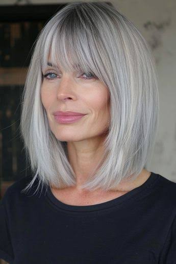 Soft Silver Bob with Feathered Bangs