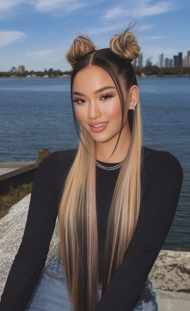 Half-Up Space Buns with Sleek Straight Hair