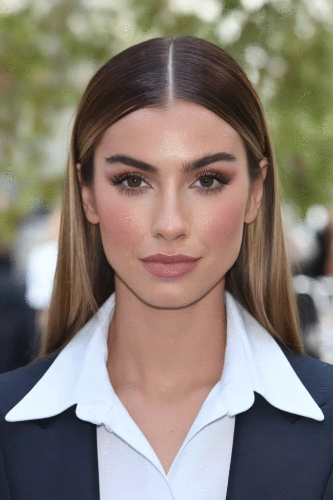 Wet Look Straight Hair with a Middle Part