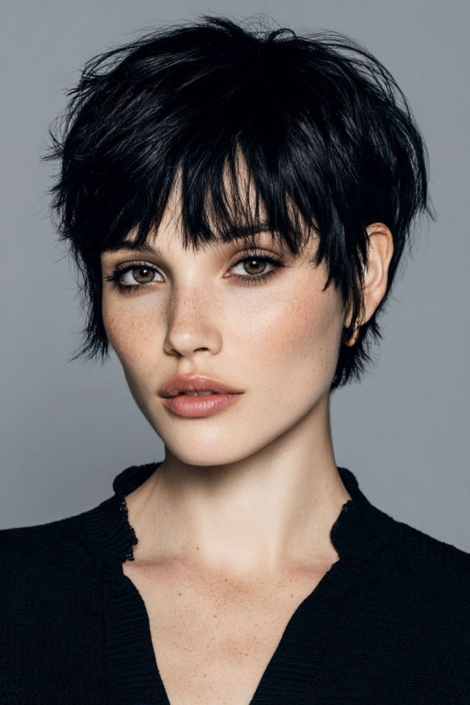 Short Black Cropped Hair with Bangs