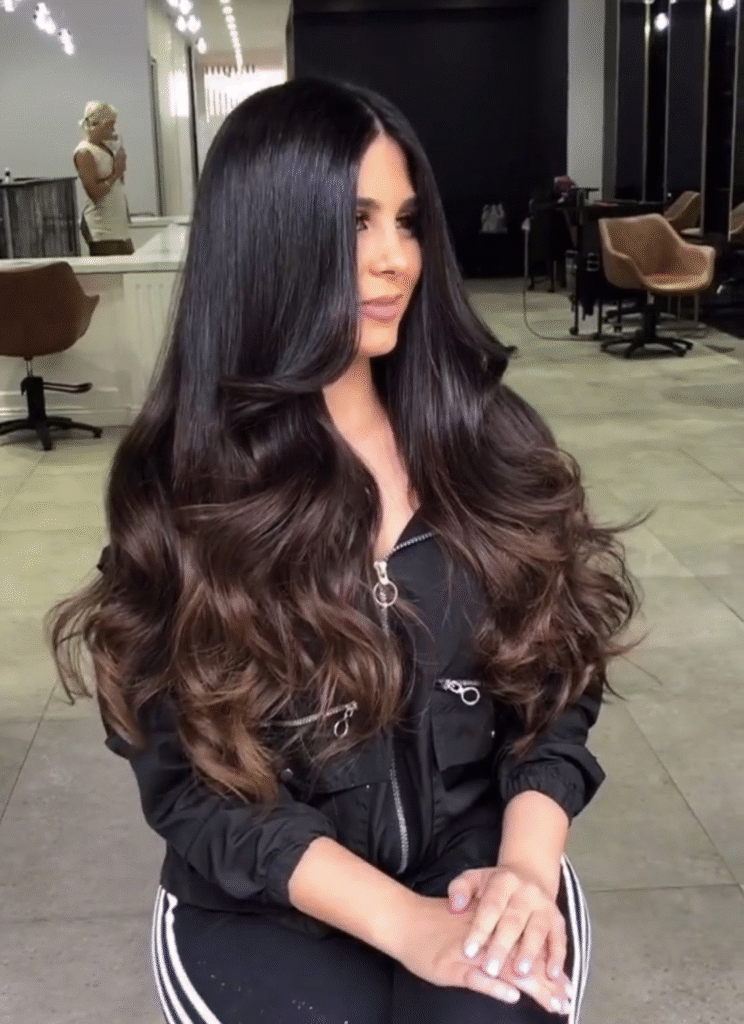 Sleek Black Hair with Caramel Brown Balayage
