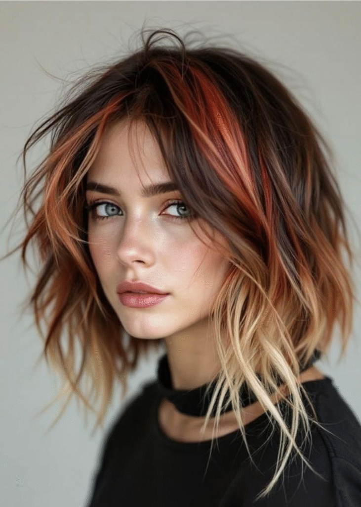 Tousled Lob with Copper Brown Tips