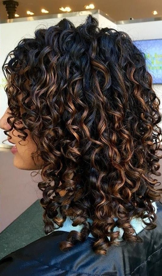 Curly Black Hair with Bright Cinnamon Highlights