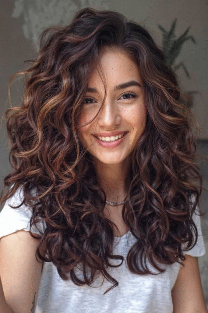 Voluminous Curls with Caramel Brown Highlights
