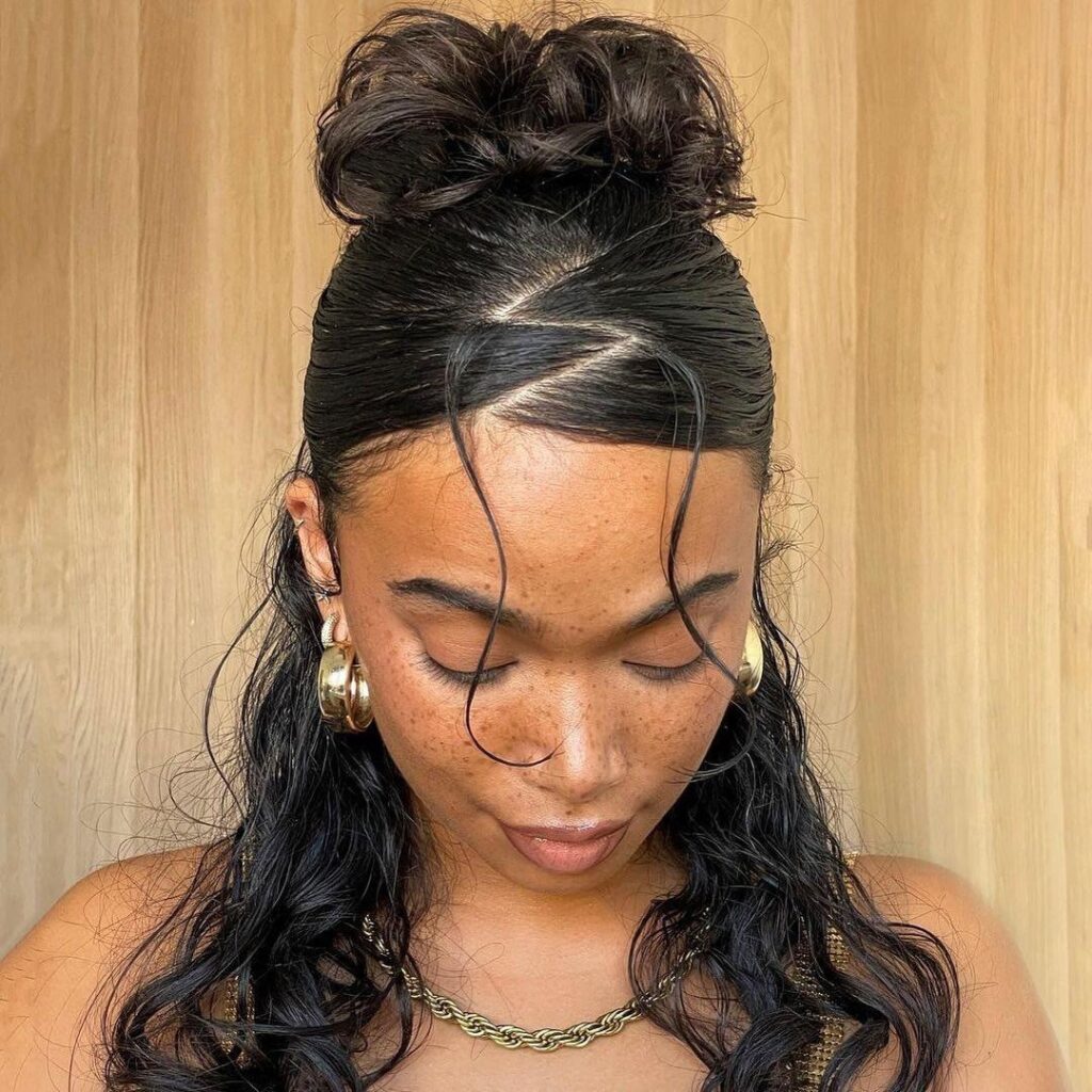 Half-Up Half-Up Curly Bun With Zig-Zag Front With Tendrils