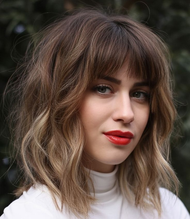 Wavy Lob with Tousled Feathered Bangs