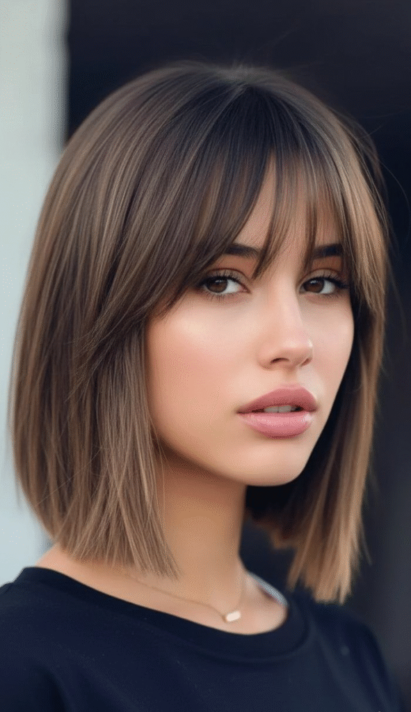 Sleek and Straight Lob with Wispy Blunt Bangs