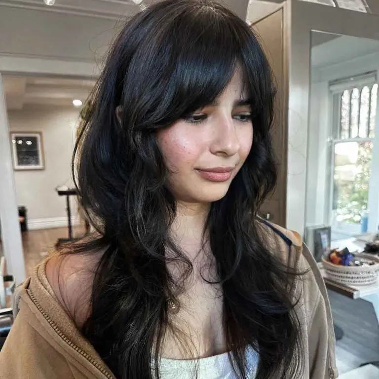 Long Black Wavy Wolf Cut With Extended Curtain Bangs